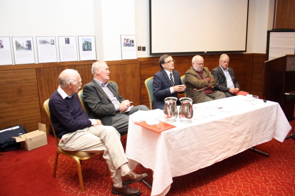 11 October 2014, Dundalk Joint Seminar. Hidden Histories, The unfolding Stories of Ireland in WW1.  Panel takes questions. From left: Larry Breen, Johnny Dooher, Prof. Brian Walker, Dr Donal Hall and Dr Des Marnane